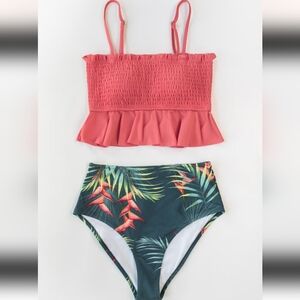 Cupshe Coral Ruffle Bikini Top with Tropical High-Waisted Bottoms, Size Small